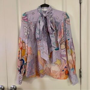 Purple Tie Neck Button Up Concert Print Blouse Size 2 (Medium)